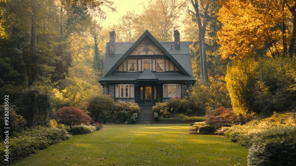 Popular house surrounded by trees and natural beauty, with open copy space for text. Popular house surrounded by trees and natural beauty, with open copy space for text.