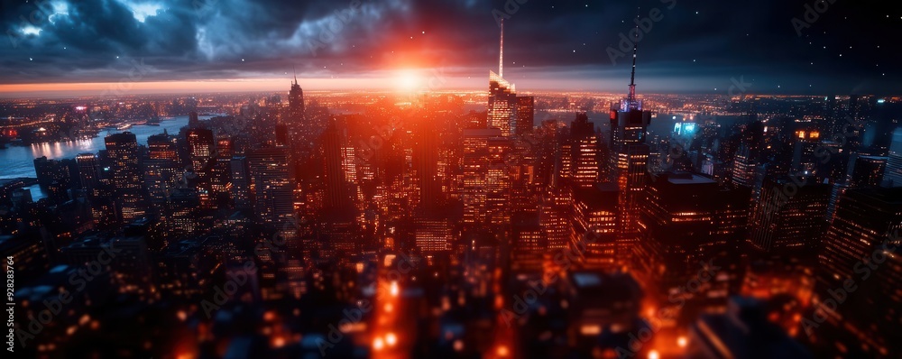 A stunning aerial view of the city skyline at sunset, showcasing vibrant colors and dramatic clouds over skyscrapers. A stunning aerial view of the city skyline at sunset, showcasing vibrant colors and dramatic clouds over skyscrapers.