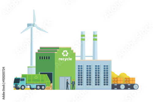 Green waste recycling plant. Modern flat style, Eco factory illustration. Dump truck and waste management building.