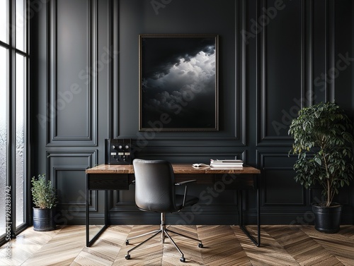 Wall art frame in an office with elegant desk that seamlessly blends a minimalist approach with eclectic touches