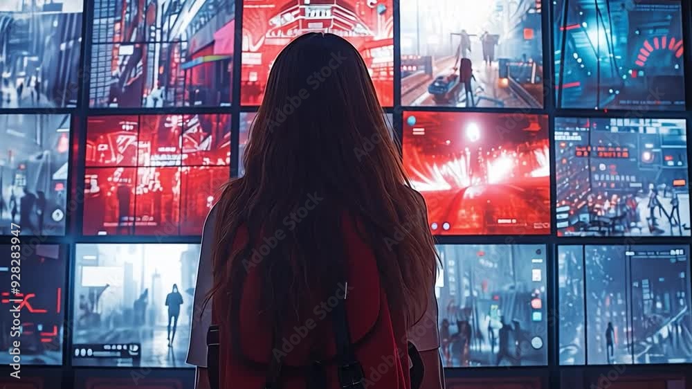 a viewer of a video wall featuring many television screens displaying multimedia pictures