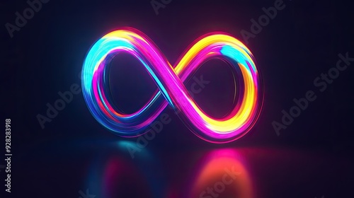 Vibrant, abstract neon infinity symbol glowing with dynamic colors, set against a dark background.