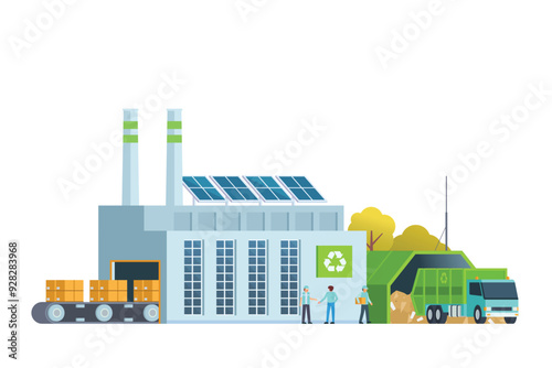 Green waste recycling plant. Modern flat style, Eco factory illustration. Dump truck and waste management building.