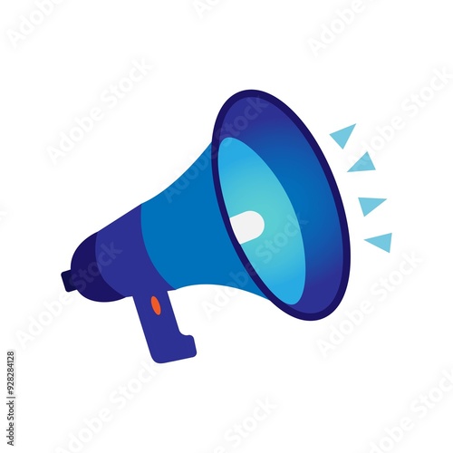 Blue megaphone in flat design on a white background with an empty banner for text