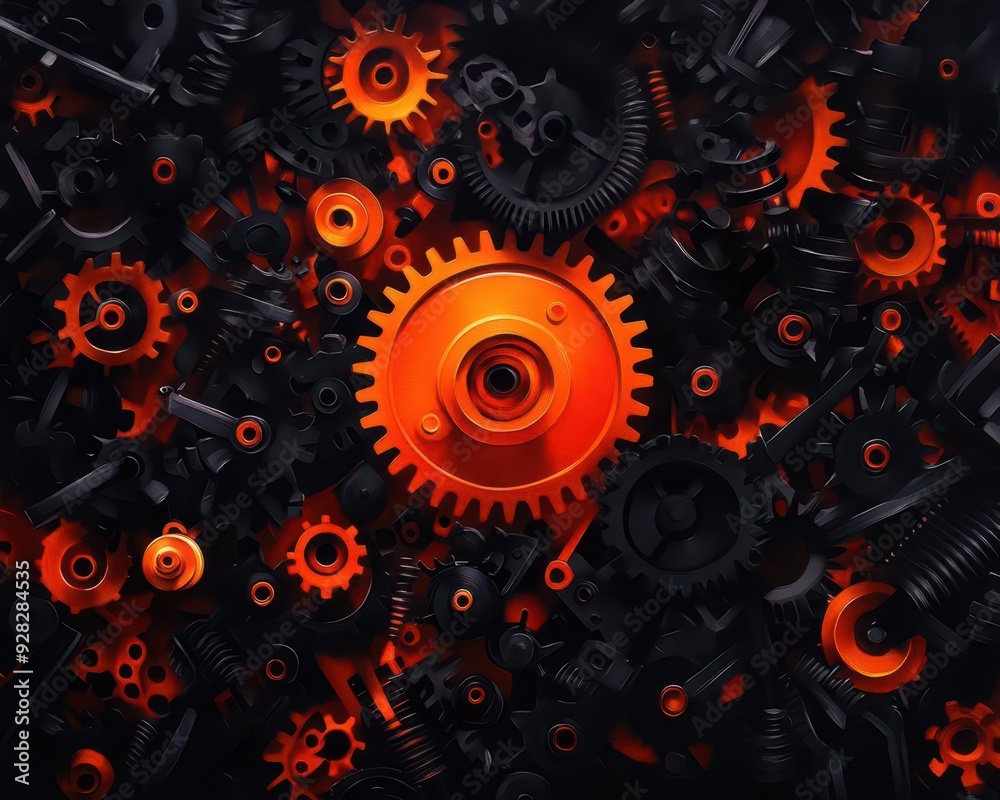 A vibrant close-up of orange gears among dark mechanical parts, showcasing intricate designs and textures, perfect for industrial themes. A vibrant close-up of orange gears among dark mechanical parts, showcasing intricate designs and textures, perfect for industrial themes.