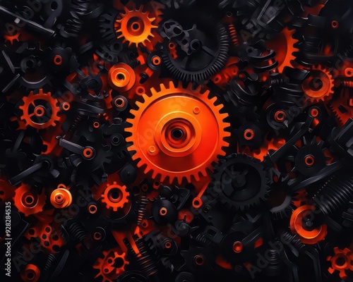 A vibrant close-up of orange gears among dark mechanical parts, showcasing intricate designs and textures, perfect for industrial themes.