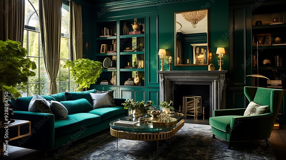Living room with a luxurious emerald green color scheme Living room with a luxurious emerald green color scheme