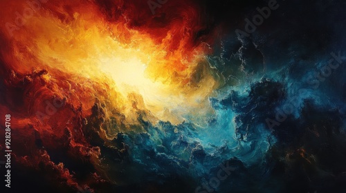 A painting of a colorful space with a yellow sun in the middle