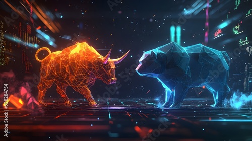 Digital representations of a bull and bear facing off in a stock market battle, highlighting the volatility and dynamics of financial markets. photo