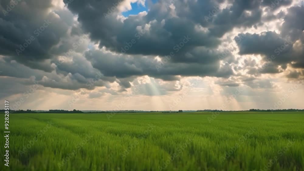 A stunning 4K time-lapse reveals a horizon dominated by a rainy sky and clouds, overlooking a rural area where young green wheat sprouts emerge during spring. This visual representation beautifully co A stunning 4K time-lapse reveals a horizon dominated by a rainy sky and clouds, overlooking a rural area where young green wheat sprouts emerge during spring. This visual representation beautifully co