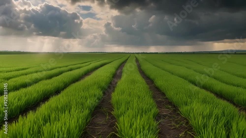 In this 4K time-lapse, a rainy sky filled with clouds stretches across the horizon, providing a view of a rural landscape dotted with young green wheat sprouts typical of the spring season. This scene photo