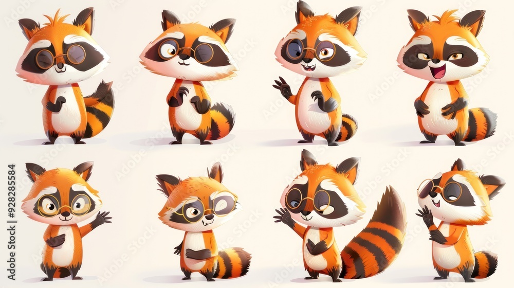 A collection of cute cartoon raccoons showcasing various expressions and poses. A collection of cute cartoon raccoons showcasing various expressions and poses.