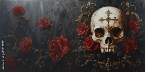 Gothic Skull with Roses and Ornate Details on Dark Background - Memento Mori Art