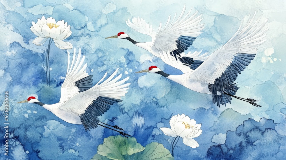 Three elegant cranes flying gracefully over serene blue background, surrounded by lotus flowers, evoking sense of tranquility and beauty. Three elegant cranes flying gracefully over serene blue background, surrounded by lotus flowers, evoking sense of tranquility and beauty.