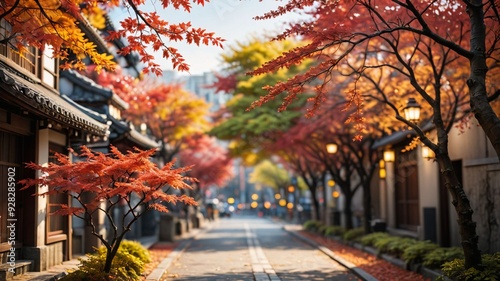 Close-Up of Momiji Branch with Japan Street Bokeh Background