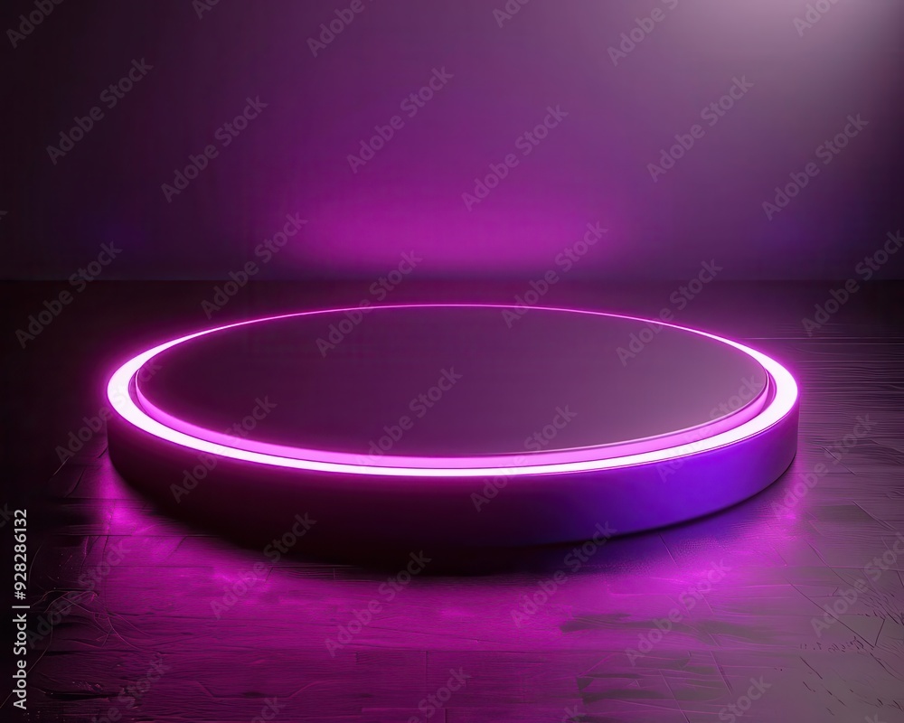 Minimalistic display platform with glowing purple lights, ideal for showcasing products or artistic installations. Minimalistic display platform with glowing purple lights, ideal for showcasing products or artistic installations.