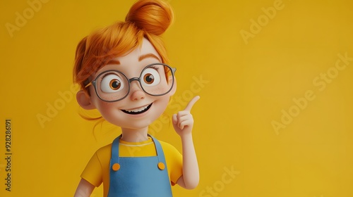 3D illustration of a happy redhead girl with glasses and an apron, pointing upwards on a yellow background, giving a joyful expression. photo