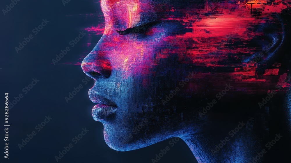 A woman's face is shown in a blurry, pixelated style A woman's face is shown in a blurry, pixelated style