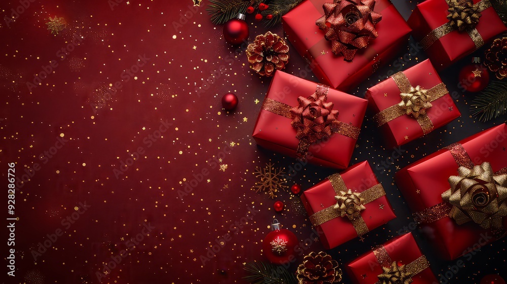 Christmas banner. Realistic gold gift box with red bow, pine branches, golden stars and glitter confetti. Xmas background, cover, poster, greeting cards, headers website. Christmas banner. Realistic gold gift box with red bow, pine branches, golden stars and glitter confetti. Xmas background, cover, poster, greeting cards, headers website.