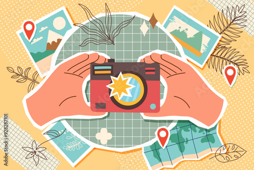 Travel collage. Summer vacation banner. Travel concept. Travel banner. Camera in hands. Photography concept.