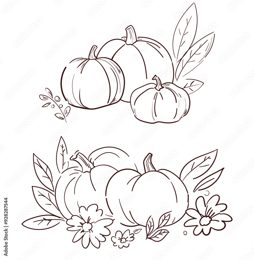 Pumpkin and leaves ink autumn background, vector illustration, hand drawn design postcard holiday, sketch Pumpkin and leaves ink autumn background, vector illustration, hand drawn design postcard holiday, sketch