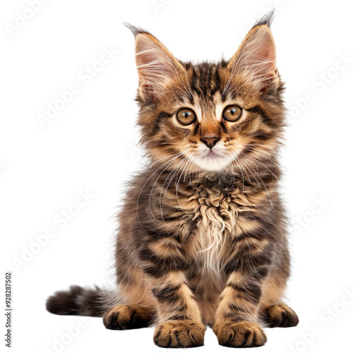 Brown tabby Maine Coon cat kitten with lots of attitude, isolated on a transparent background photo