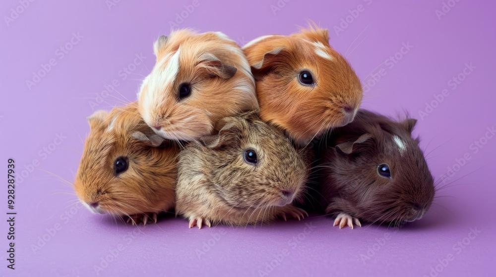group of adorable guinea pigs with rich details and cute expressions, captured in high-definition on purple background with studio lighting, commercial advertising style group of adorable guinea pigs with rich details and cute expressions, captured in high-definition on purple background with studio lighting, commercial advertising style