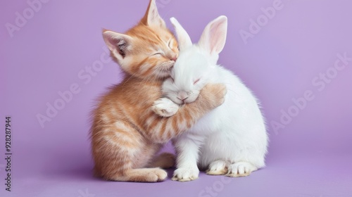 playful ginger kitten and white rabbit hugging on purple background, an animal duo concept representing friendship and love in still life photography