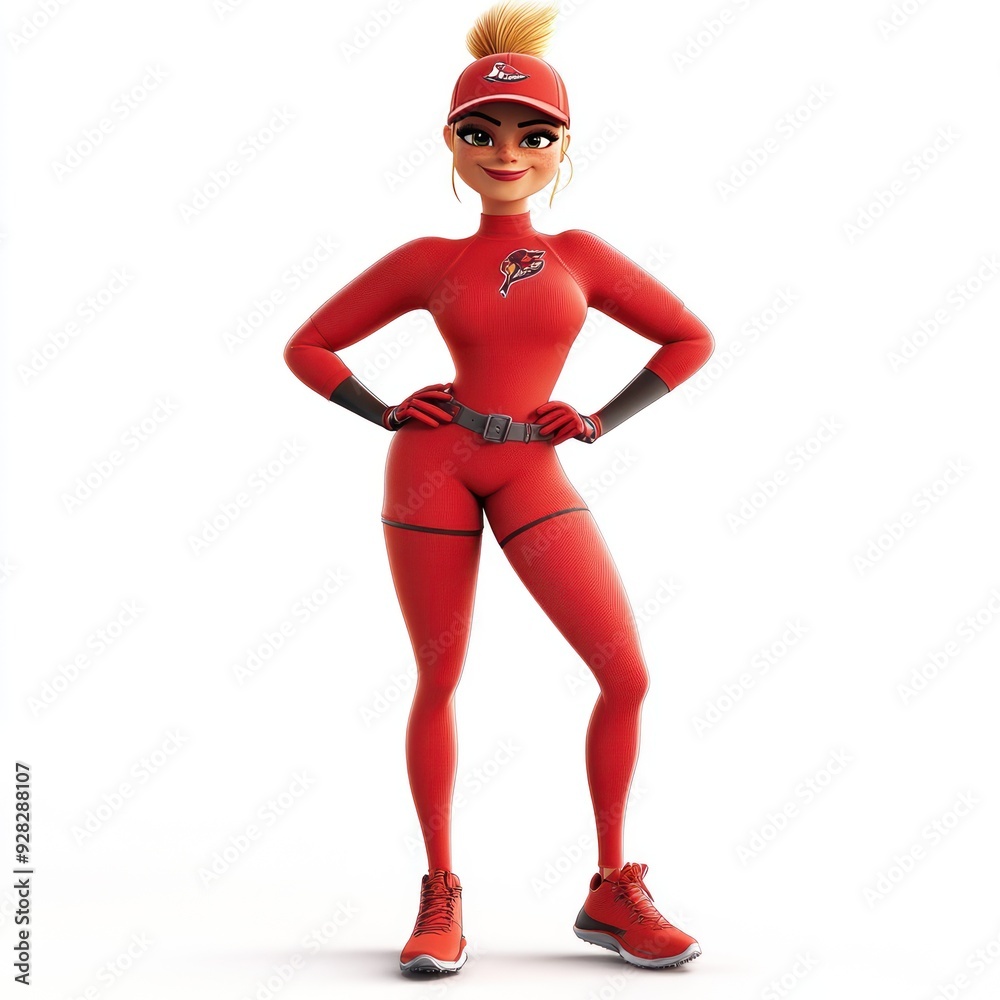 A confident female character in a red athletic outfit, posing with a smile. A confident female character in a red athletic outfit, posing with a smile.