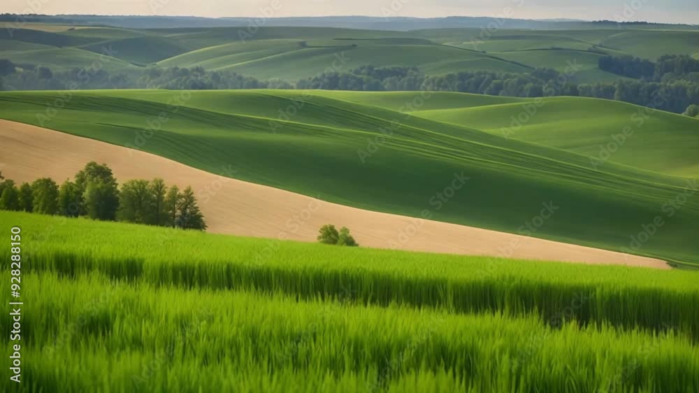 A 4K time-lapse showcases a cloudy, rainy sky on the horizon, set against a rural backdrop featuring young green wheat shoots that signify the arrival of spring. This imagery elegantly depicts the shi A 4K time-lapse showcases a cloudy, rainy sky on the horizon, set against a rural backdrop featuring young green wheat shoots that signify the arrival of spring. This imagery elegantly depicts the shi