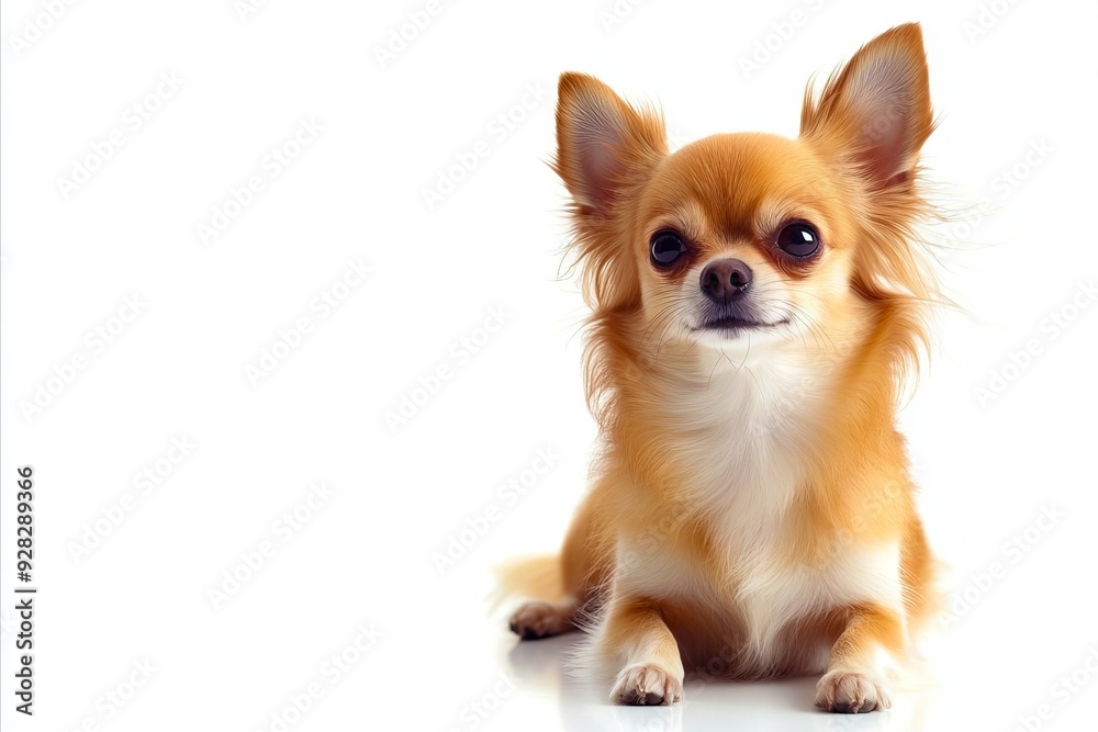 A small chihuahua sitting on a white surface with a white background A small chihuahua sitting on a white surface with a white background