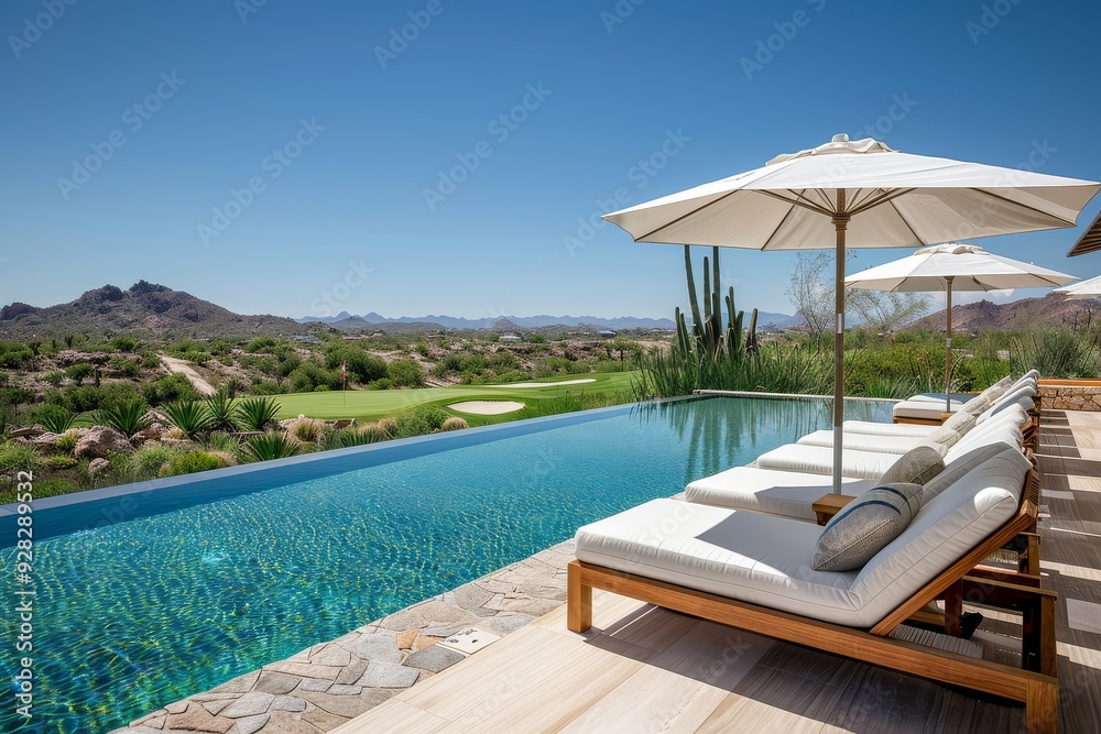Fototapeta premium Elegant wooden and white poolside lounge chairs with umbrellas, overlooking a golf course in Baja California's red mountains.