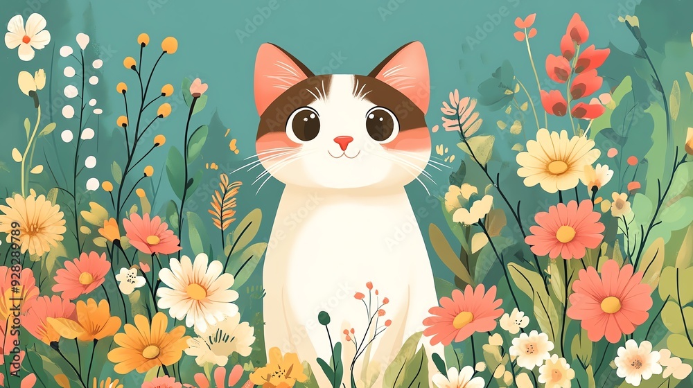 Cute cartoon cat surrounded by colorful flowers. Cute cartoon cat surrounded by colorful flowers.