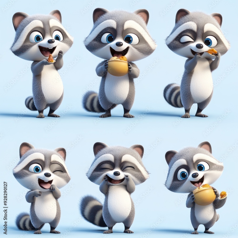 Six animated raccoons displaying various playful expressions and actions.