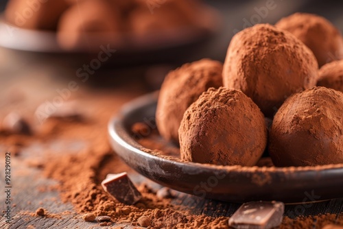 Rich cocoa-dusted chocolate truffles on dark plate