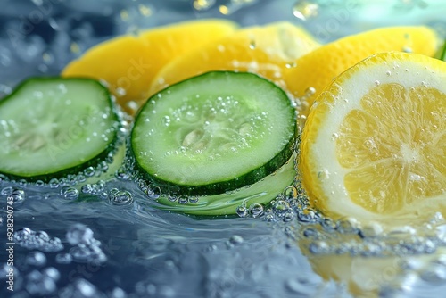  Fruits in Water: Show slices of fruits like lemon or cucumber in a glass or pitcher of water photo