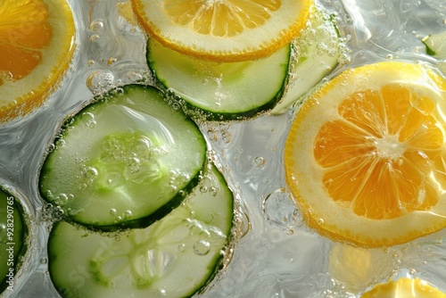  Fruits in Water: Show slices of fruits like lemon or cucumber in a glass or pitcher of water photo