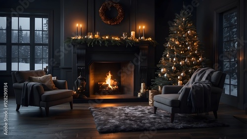 Modern fireplace minimalist christmas inspired living room interior design, dark color theme, home decor interior architecture 