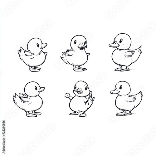 A series of cartoon duck illustrations showing different poses and expressions.