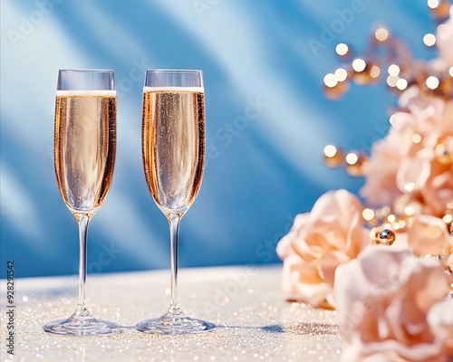 Two glasses of champagne on a table with flowers photo