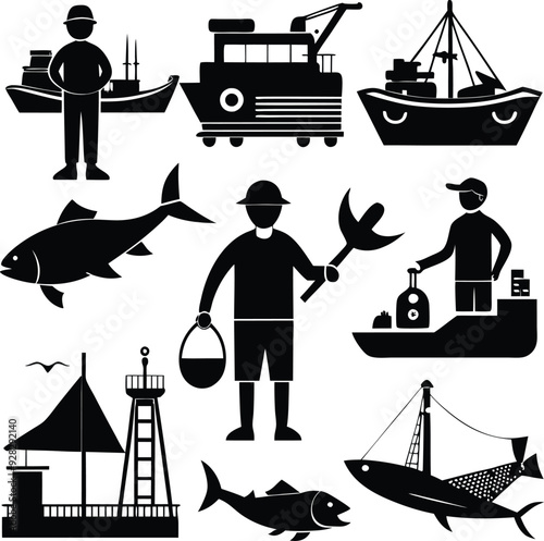 Fishing Trawler Boat Versatile Black Silhouette Vector Series