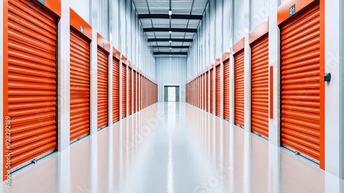 High-angle view of a modern warehouse, featuring neat rows of metal self-storage units under bright, even lighting photo