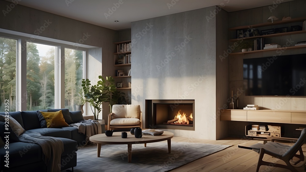 custom made wallpaper toronto digitalModern fireplace minimalist scandinavn inspired living room interior design, dark color theme,  home decor interior architecture 