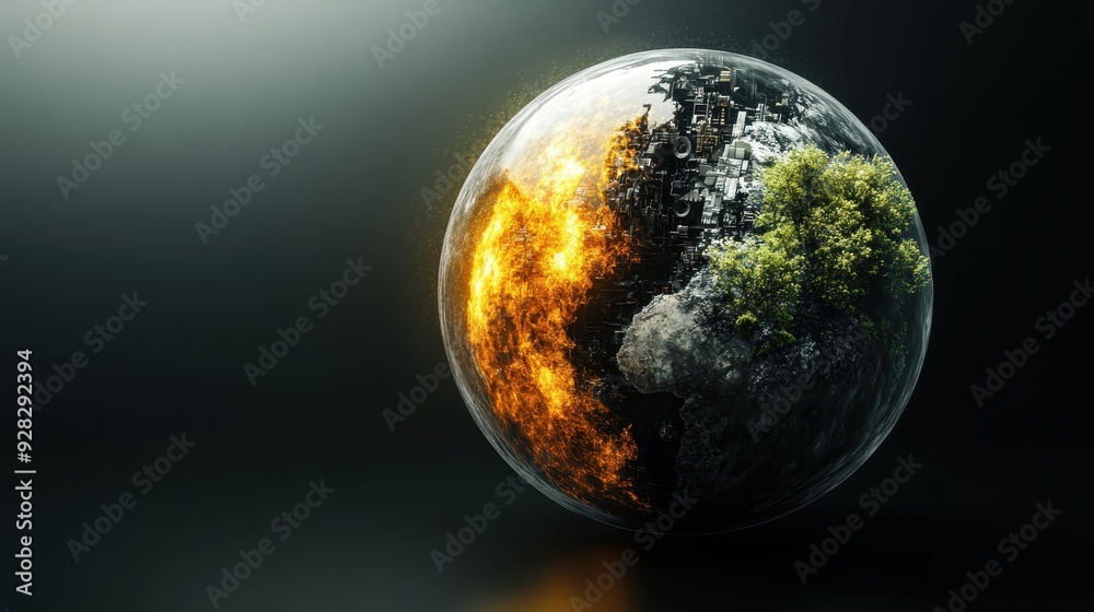 A globe with a fire on it and trees on it