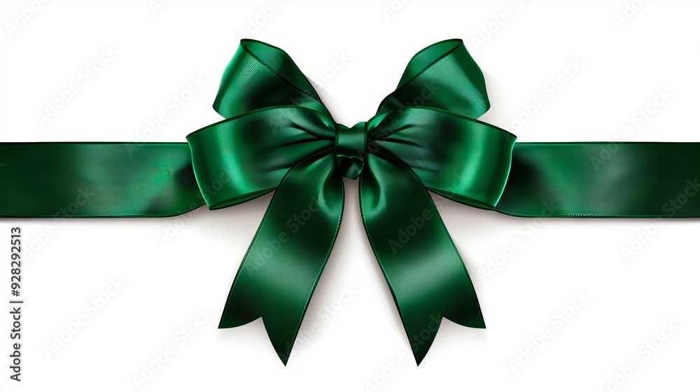 A green satin ribbon tied in a bow on a white background