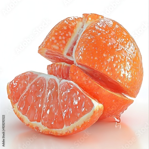 Visually striking 3D rendered image of vibrant juicy orange fruit segments with watercolor inspired textures and a clean minimal white background photo