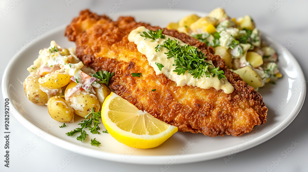 Side View of Traditional Schnitzel: Golden Crispy with Lemon Wedge, Potato Salad, and Parsley on a White Porcelain Plate Side View of Traditional Schnitzel: Golden Crispy with Lemon Wedge, Potato Salad, and Parsley on a White Porcelain Plate