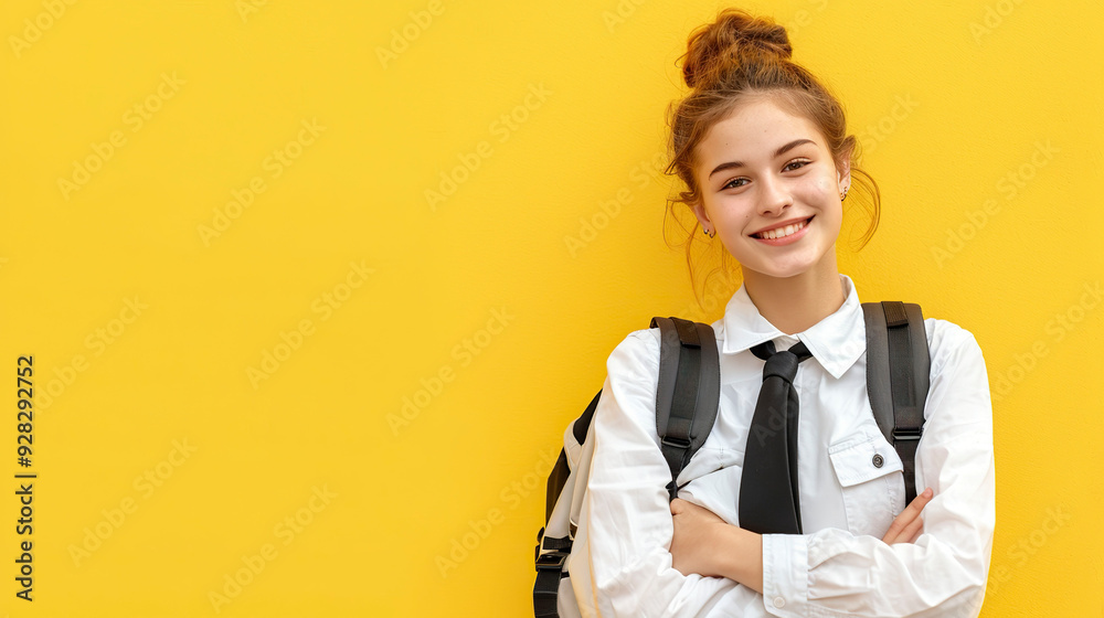 Portrait of a smiling schoolgirl with a backpack on a yellow background. Portrait of a smiling schoolgirl with a backpack on a yellow background.