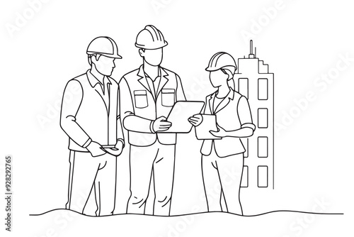  Engineers team watching and checking details on a construction site One line continuous line art vector illustration on white background.