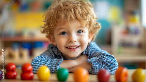 Cute little boy playing with colorful wooden toys in kindergarten.
